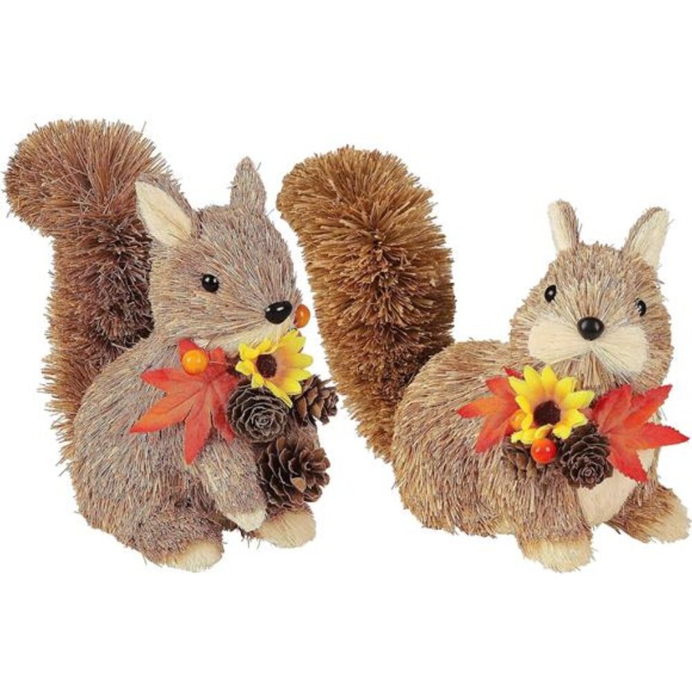 Lulu Home 2 Packs Squirrel Figurines, Handmade Straw-Woven Sitting Squirrel